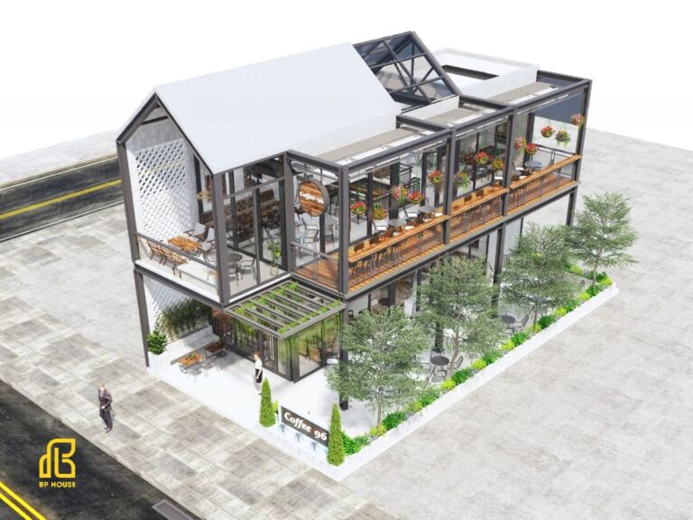 Thiết kế quán cafe tiền chế 80m2​ đẹp, tối ưu chi phí và công năng