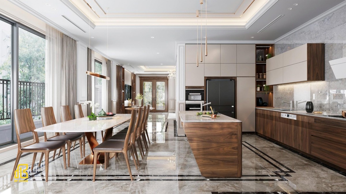 Phòng bếp với tông màu trắng kem kết hợp beige tạo cảm giác sang trọng