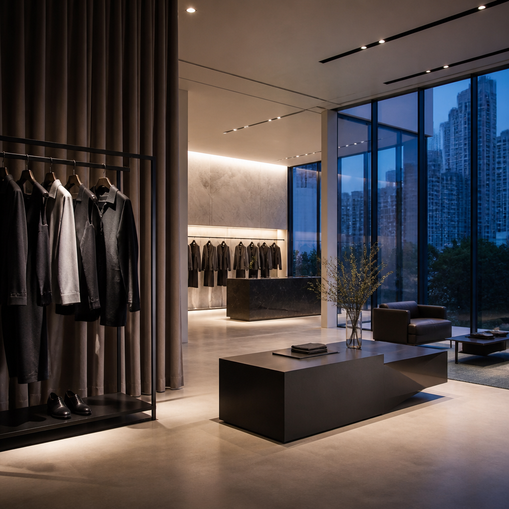 Nội thất showroom thời trang cao cấp tại TP.HCM với ánh sáng hiện đại và cách trưng bày sản phẩm tinh tế, thể hiện sự sang trọng và độc đáo của case study thiết kế showroom tphcm.