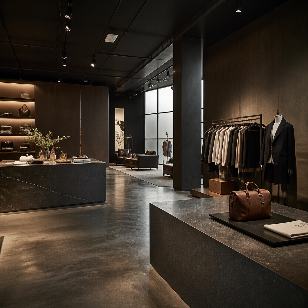 Bên trong showroom thời trang hiện đại với sự kết hợp vật liệu đá marble, gỗ và kim loại, tạo nên vẻ đẹp sang trọng và tinh tế.