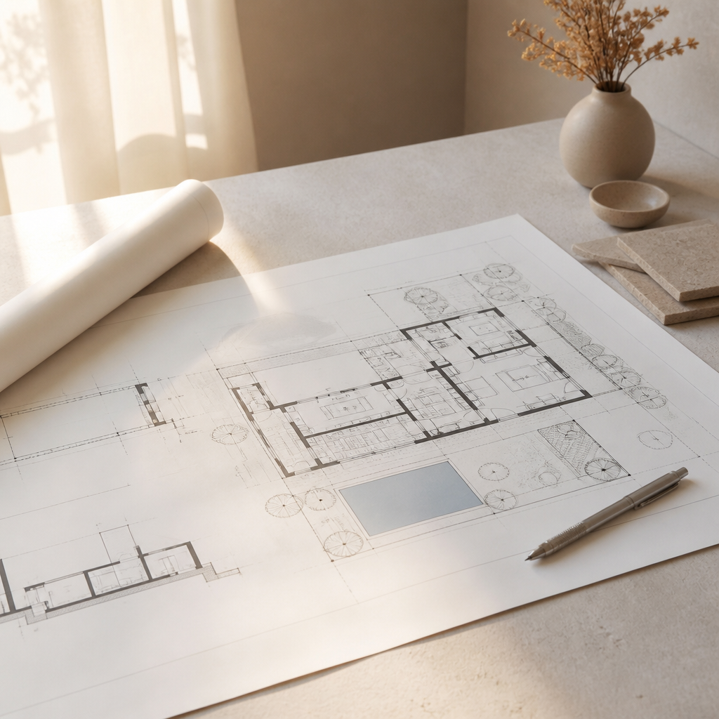 Kiến trúc sư đang làm việc trên bản vẽ thiết kế kiến trúc và nội thất chi tiết của một ngôi nhà hiện đại