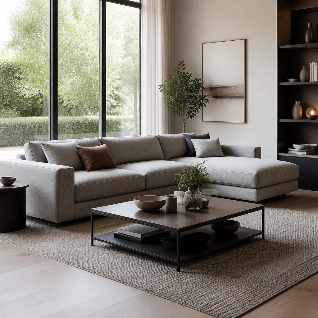Ghế sofa hiện đại màu be và bàn trà tròn bằng đá trong phòng khách