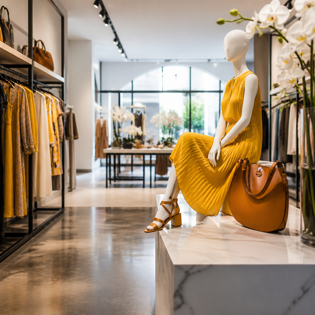 Nội thất showroom thời trang với kệ trưng bày trang phục tinh tế, tạo không gian mua sắm sang trọng