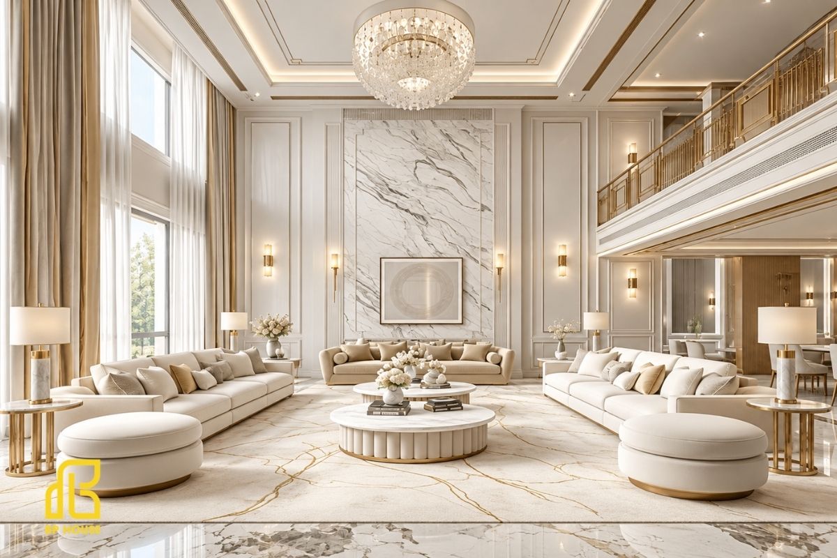 Nội thất tân cổ điển sang trọng với đường nét tinh tế, gam màu trang nhã và điểm nhấn ánh kim