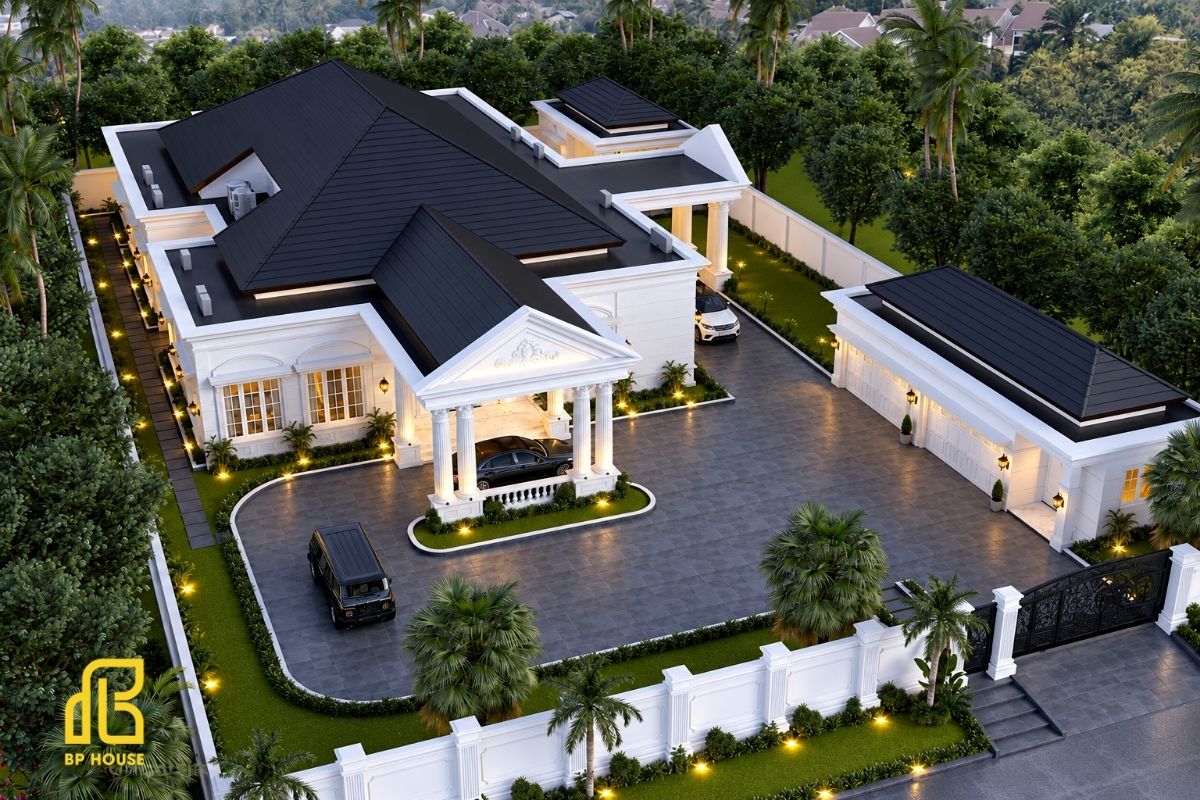 Hệ cột vững chãi, phào chỉ tinh tế cùng bố cục cân đối tôn lên vẻ sang trọng, thanh lịch của biệt thự mái Nhật.