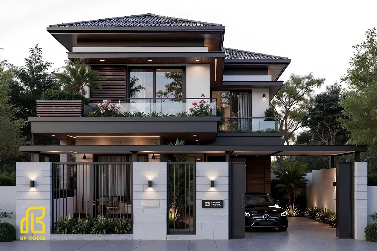 Hệ mái Nhật dốc nhẹ dưới 40 độ, mở rộng nhiều hướng, tạo tổng thể kiến trúc cân đối.