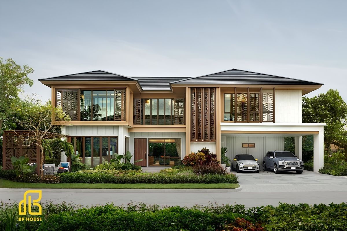 Biệt thự 150-200m² nổi bật với hình khối bề thế, mặt tiền sang trọng và không gian rộng rãi. 