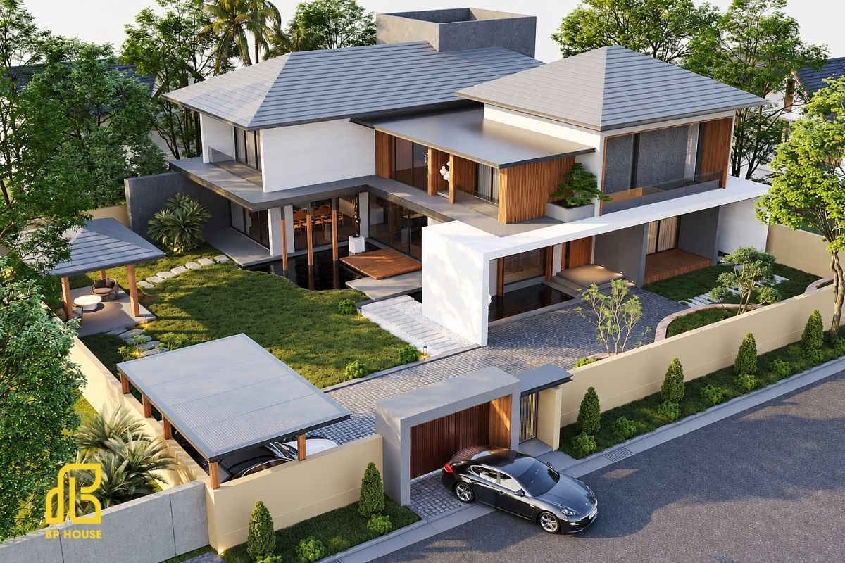 Biệt thự mái Nhật 2 tầng cân bằng thẩm mỹ, công năng và quy mô.