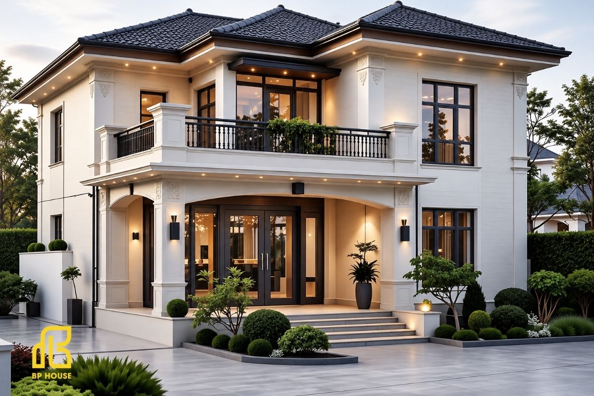 Thiết kế biệt thự cửa kính lớn, ban công rộng, đón sáng và mở rộng tầm nhìn. 