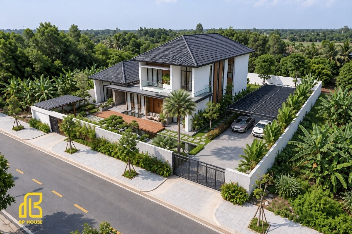 Công trình lùi sâu vào khu đất, dành không gian cho sân vườn và tiểu cảnh xanh mát. 
