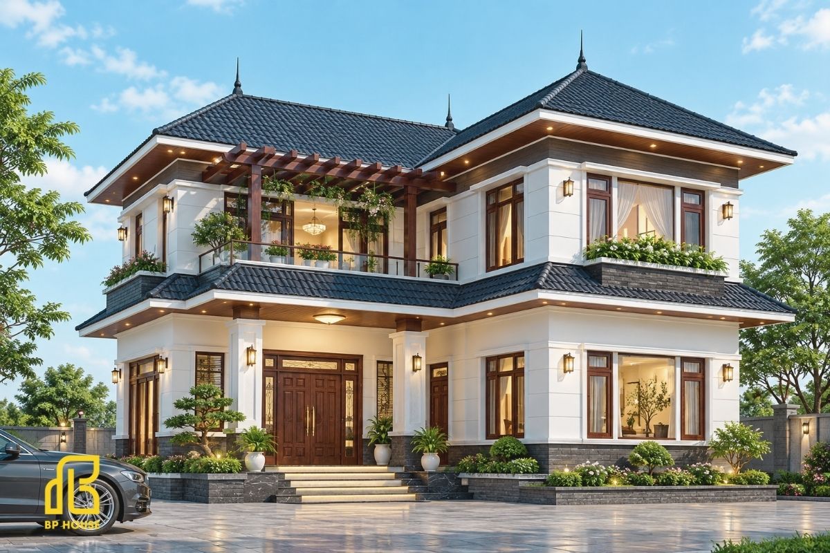 Biệt thự mái Nhật 2 tầng chữ L tạo khoảng sân rộng, phân chia công năng hợp lý, đón sáng tự nhiên.