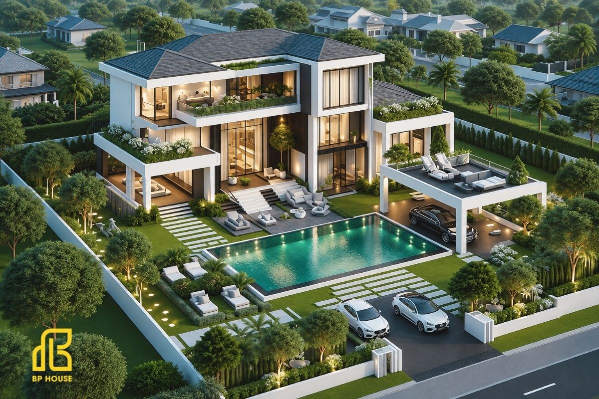 Hồ bơi ngoài trời kết hợp không gian mở, mang đến trải nghiệm nghỉ dưỡng tiện nghi ngay tại nhà.