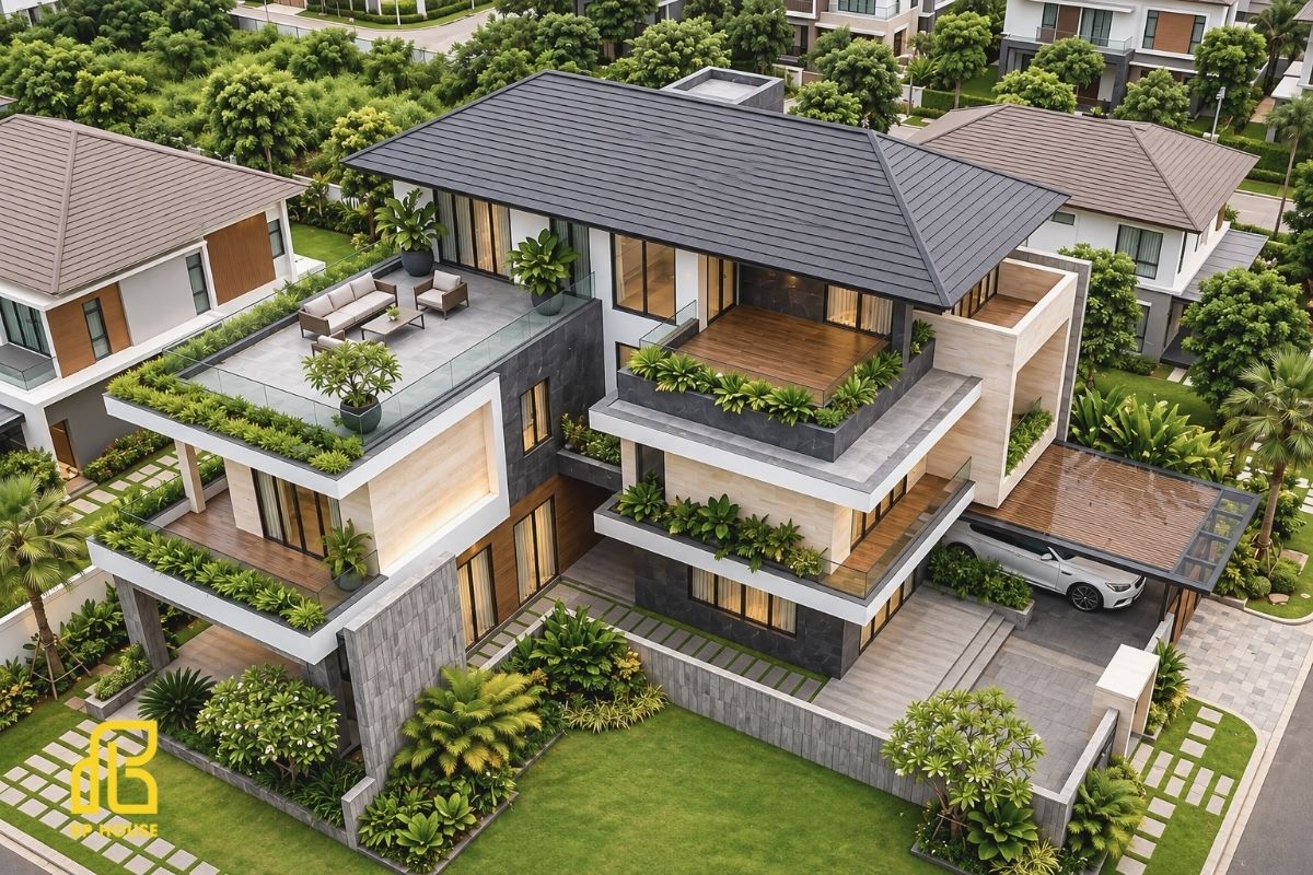 Thiết kế chữ L tạo khoảng sân thoáng rộng tăng khả năng đón sáng tự nhiên.
