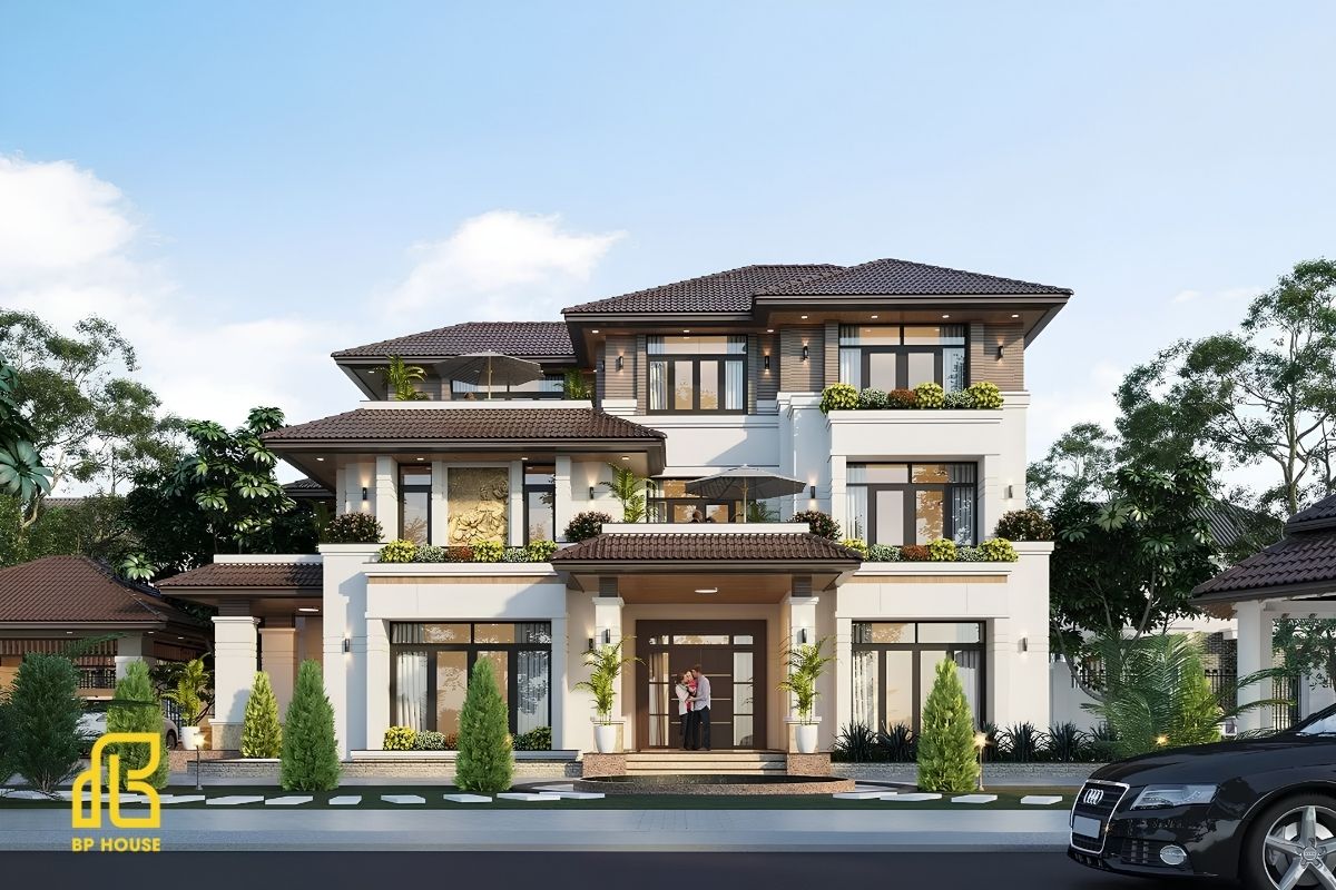 Kiến trúc hiện đại với hình khối khỏe khoắn, mái Nhật thanh thoát và không gian mở đón sáng tự nhiên.