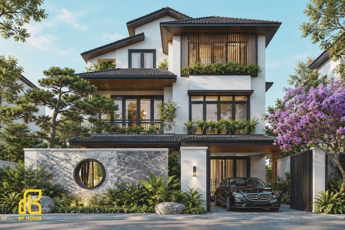 Phong cách Đông Dương hòa quyện nét hoài cổ cùng hệ lam gỗ, mái Nhật thanh thoát và hình khối cân đối.