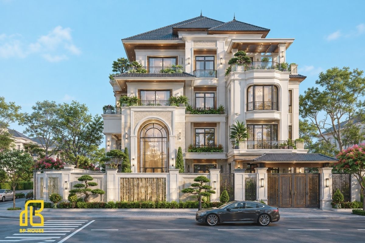 Độ dốc mái Nhật cần được tính toán phù hợp để cân đối tổng thể kiến trúc biệt thự 4 tầng.