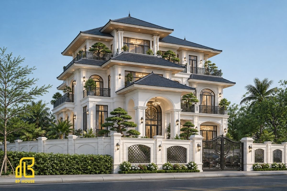 Kiến trúc tân cổ điển kết hợp mái Nhật, hệ cột thanh lịch và lan can sắt nghệ thuật tinh xảo.
