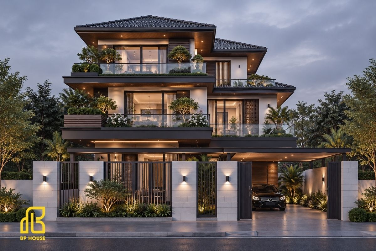 Phong cách đương đại nổi bật với kiến trúc giật cấp, vật liệu cao cấp và ánh sáng tinh tế.