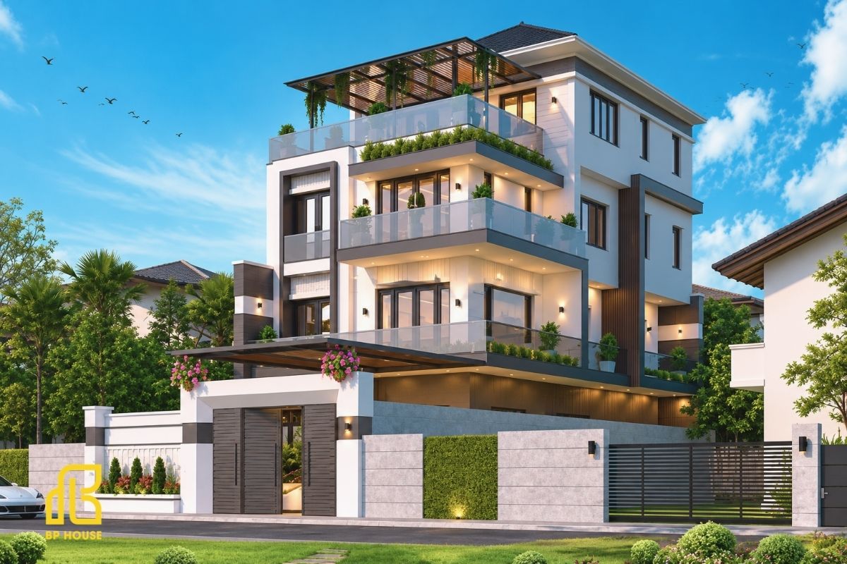 Các mảng khối vuông vắn kết hợp gam màu trung tính, tạo nên diện mạo tối giản và tinh tế cho công trình.