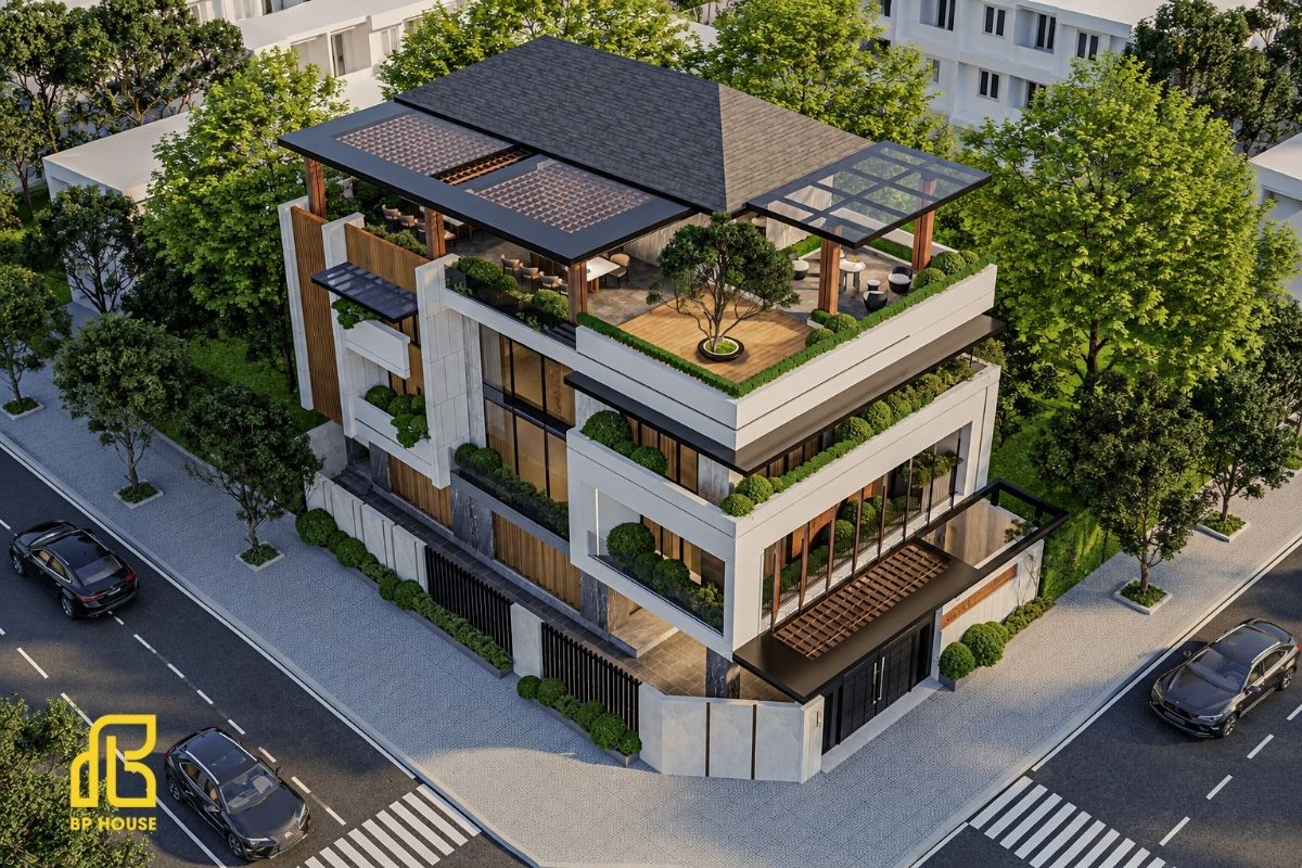 Sân vườn trên cao kết hợp mái Nhật tạo không gian xanh mát, gần gũi thiên nhiên.