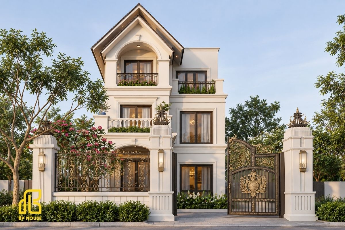 Tỷ lệ mái Thái cân đối với chiều cao 3 tầng giúp tổng thể kiến trúc hài hòa, thanh thoát.