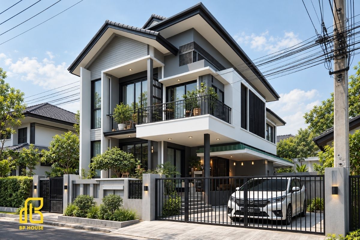 Gam màu trắng xám kết hợp cửa kính lớn và mái Thái tạo nên vẻ đẹp hiện đại, thanh thoát.
