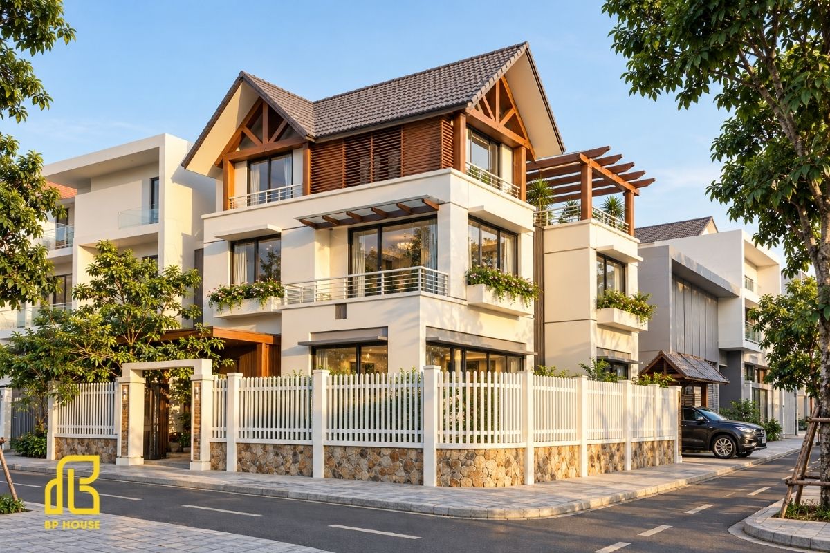 Tinh thần Japandi hiện rõ qua mái dốc nhẹ, chất liệu gỗ ấm và không gian xanh thư thái.