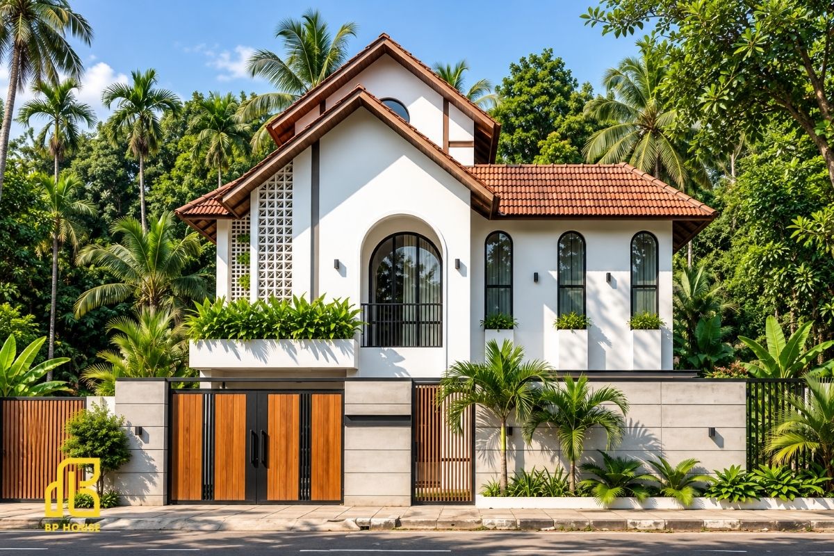 Mái Thái dốc cao giữa cây xanh nhiệt đới, mang đến không gian sống thoáng mát.