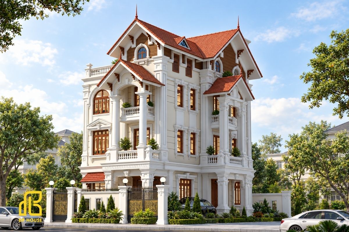 Hệ mái Thái dốc cao nổi bật trên kiến trúc 4 tầng, tạo dáng vẻ thanh thoát và sang trọng.