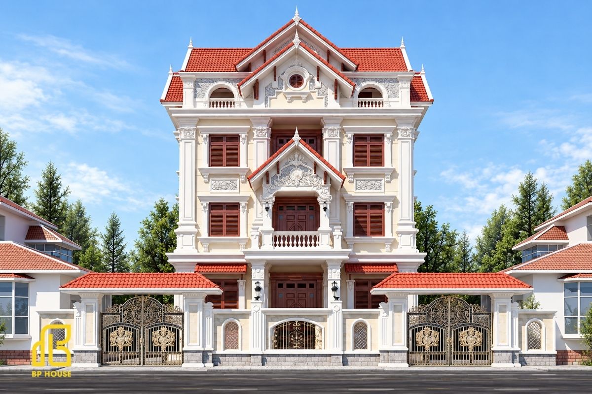 Sắc đỏ của mái ngói tôn lên vẻ sang trọng, hài hòa cùng những đường nét tân cổ điển tinh xảo.