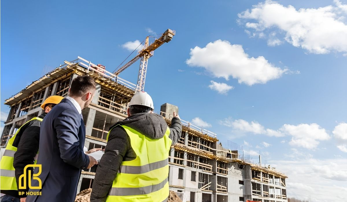 Đội ngũ kỹ sư và kiến trúc sư của công ty xây dựng uy tín đang họp bàn bản vẽ kỹ thuật tại văn phòng