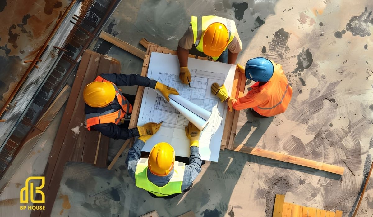 Kỹ sư xây dựng đang kiểm tra cốt thép móng và đổ bê tông trực tiếp tại công trường