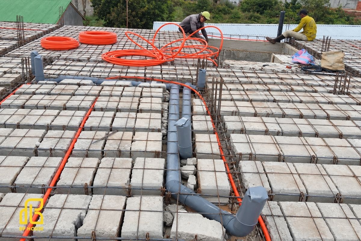 Hệ thống điện, nước và đường ống kỹ thuật âm sàn trong giai đoạn xây nhà thô. 