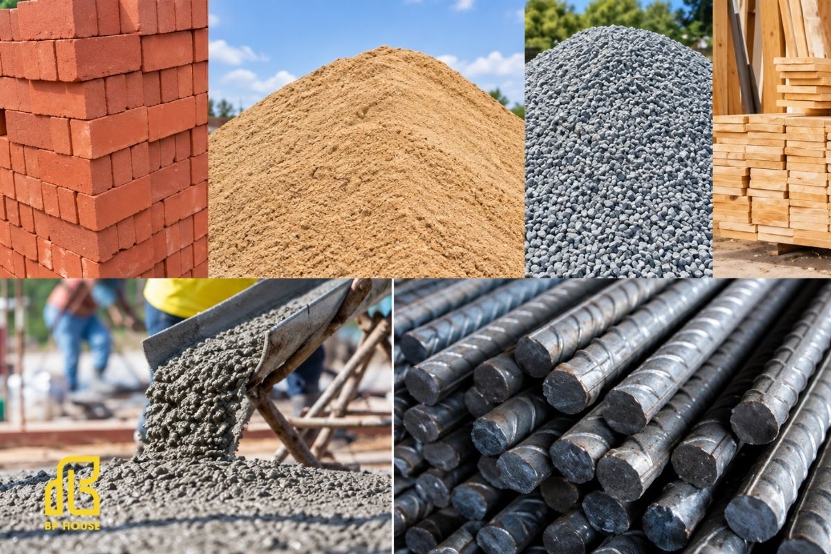 Gạch, cát, đá, xi măng, thép và gỗ cốp pha là những vật liệu chính trong xây nhà thô.