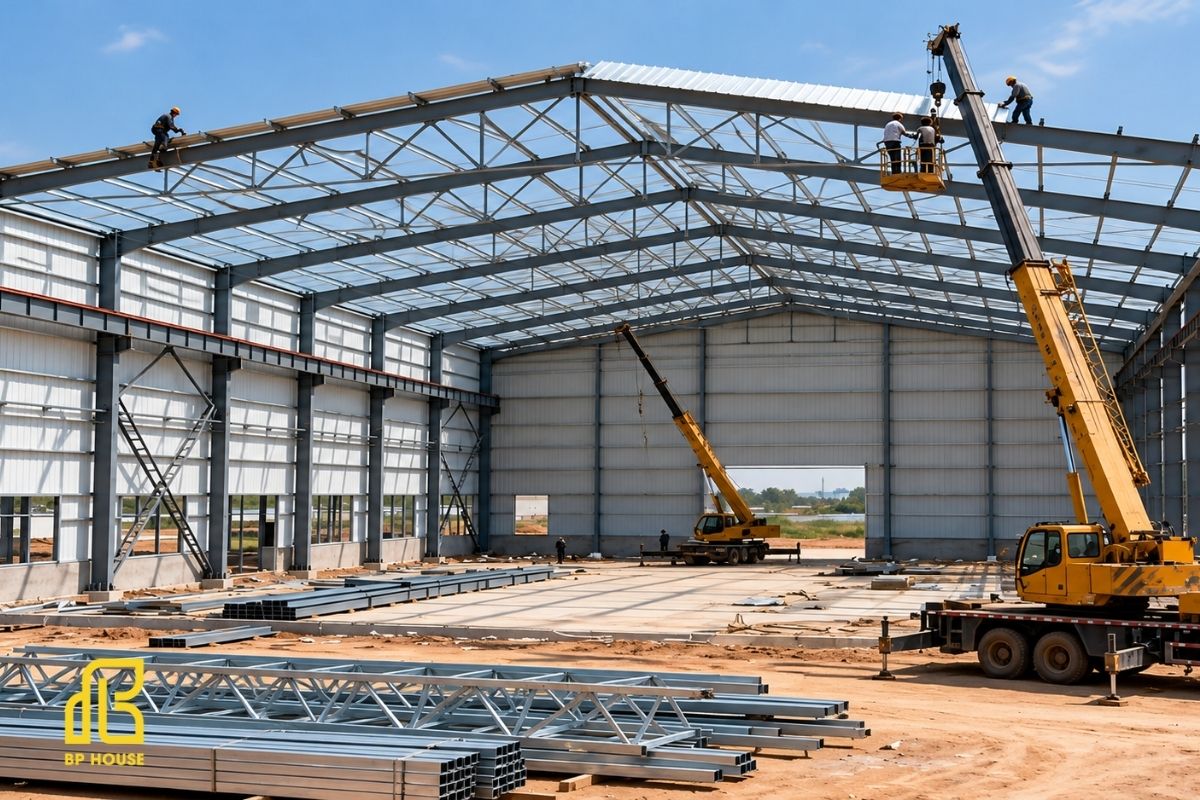 Nhà thép tiền chế sử dụng hệ khung thép làm kết cấu chịu lực chính cho toàn bộ công trình.
