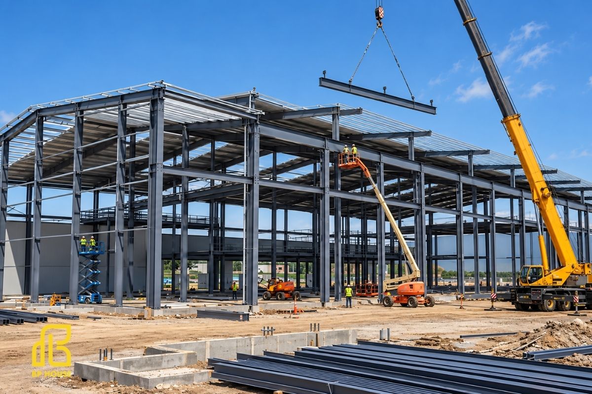 Hệ khung thép được gia công sẵn và lắp dựng tại công trường, đảm bảo khả năng chịu lực. 